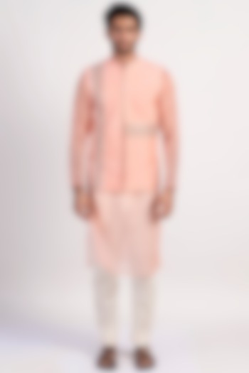 Peach Embroidered Jacket Set by Rishi & Vibhuti Men