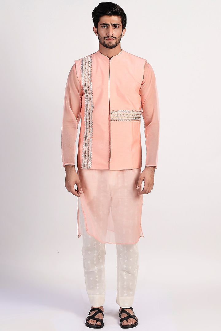 Peach Embroidered Jacket Set by Rishi & Vibhuti Men