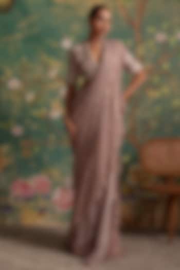 Dusky Pink Chiffon & Organza Printed Draped Reception Saree Set by Ridhi Mehra at Pernia's Pop Up Shop