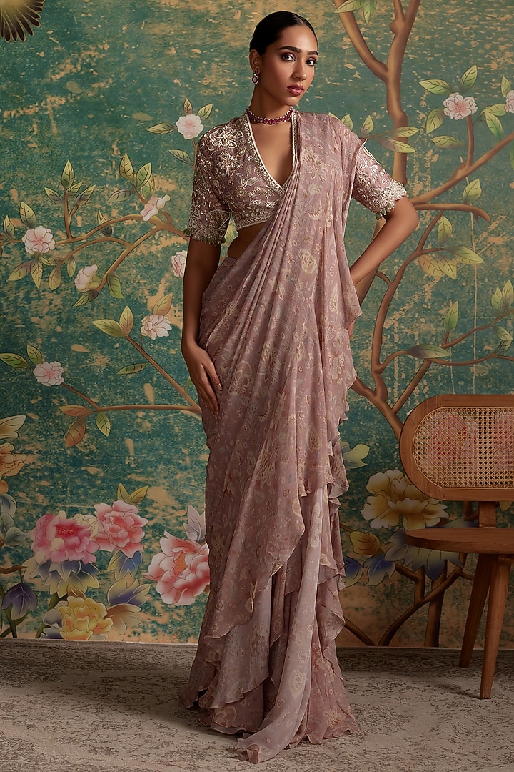 Dusky Pink Chiffon & Organza Printed Draped Reception Saree Set by Ridhi Mehra at Pernia's Pop Up Shop