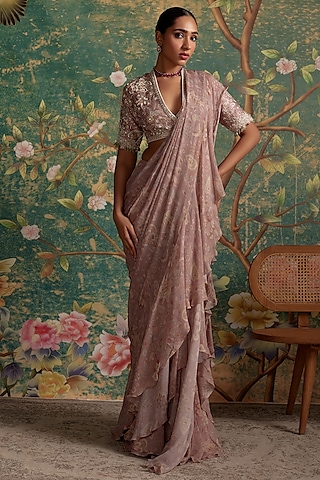 Dusky Pink Chiffon & Organza Printed Draped Saree Set by Ridhi Mehra