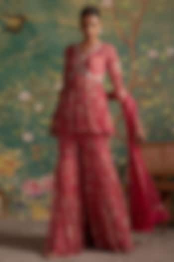 Royal Fuchsia Chiffon Printed Gharara Set by Ridhi Mehra