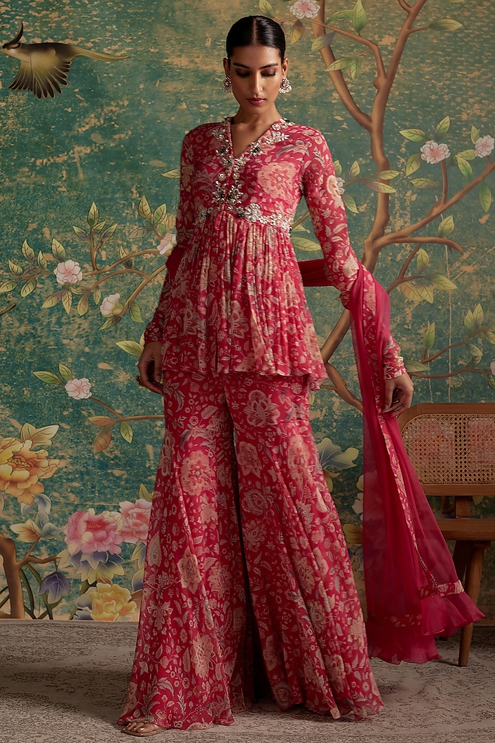 Royal Fuchsia Chiffon Printed Gharara Set by Ridhi Mehra at Pernia's Pop Up Shop