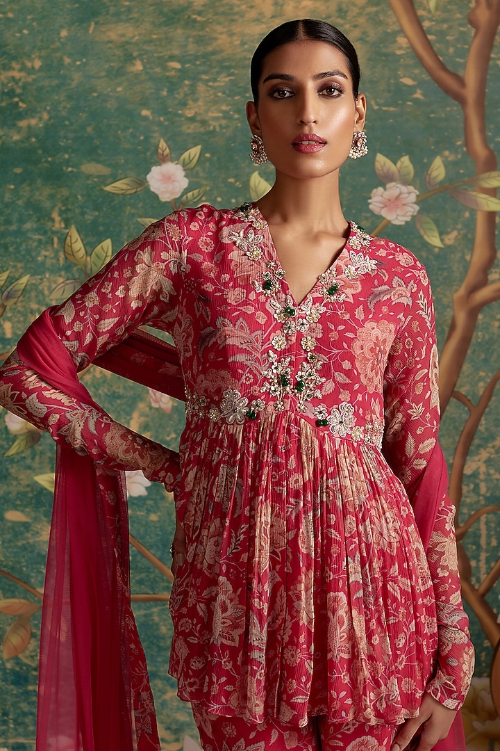 Royal Fuchsia Chiffon Printed Gharara Set by Ridhi Mehra at Pernia's Pop Up Shop