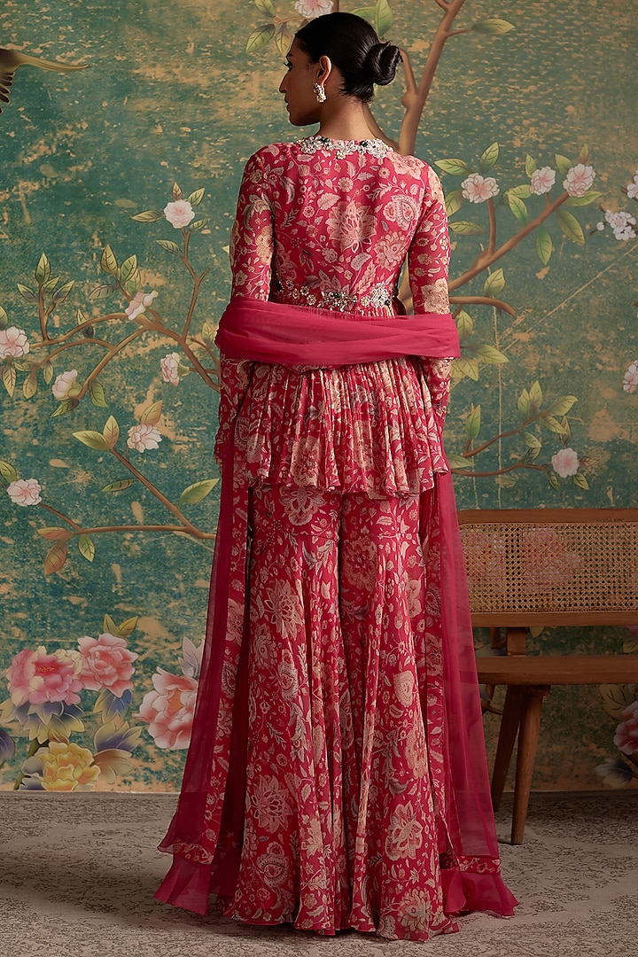 Royal Fuchsia Chiffon Printed Gharara Set by Ridhi Mehra at Pernia's Pop Up Shop