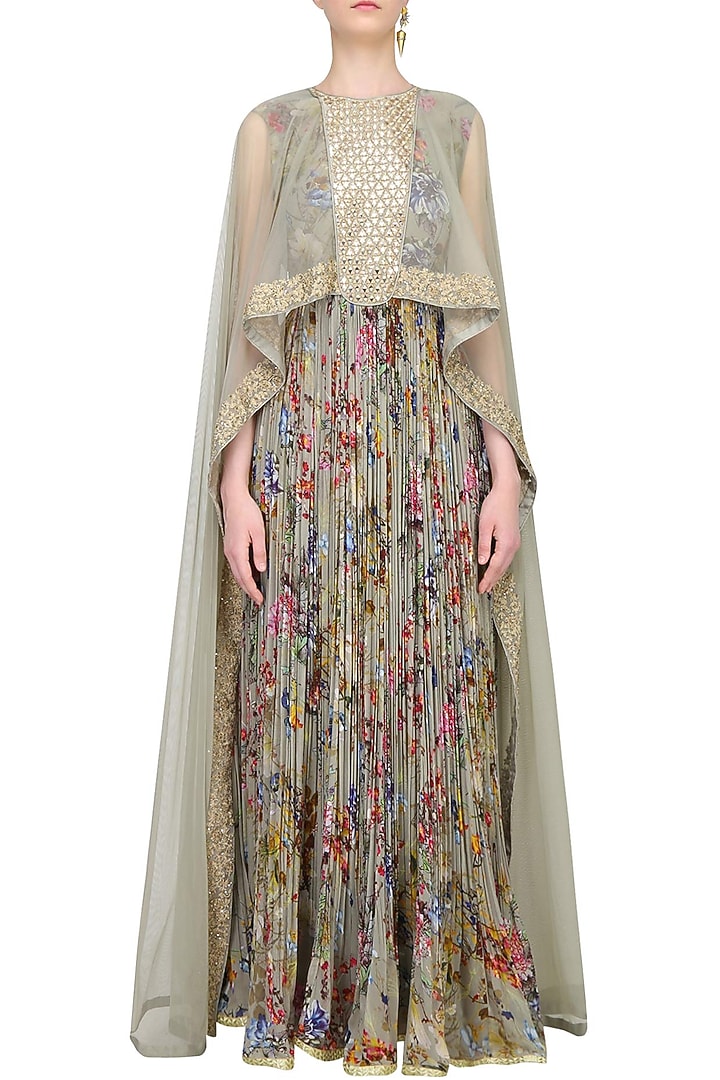 Ash grey printed anarkali set with attached mirror work sheer cape available only at Pernia's Pop Up Shop.
