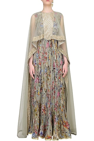 Ash Grey Printed Anarkali Set With Attached Mirror Work Sheer Cape by Ridhi Mehra