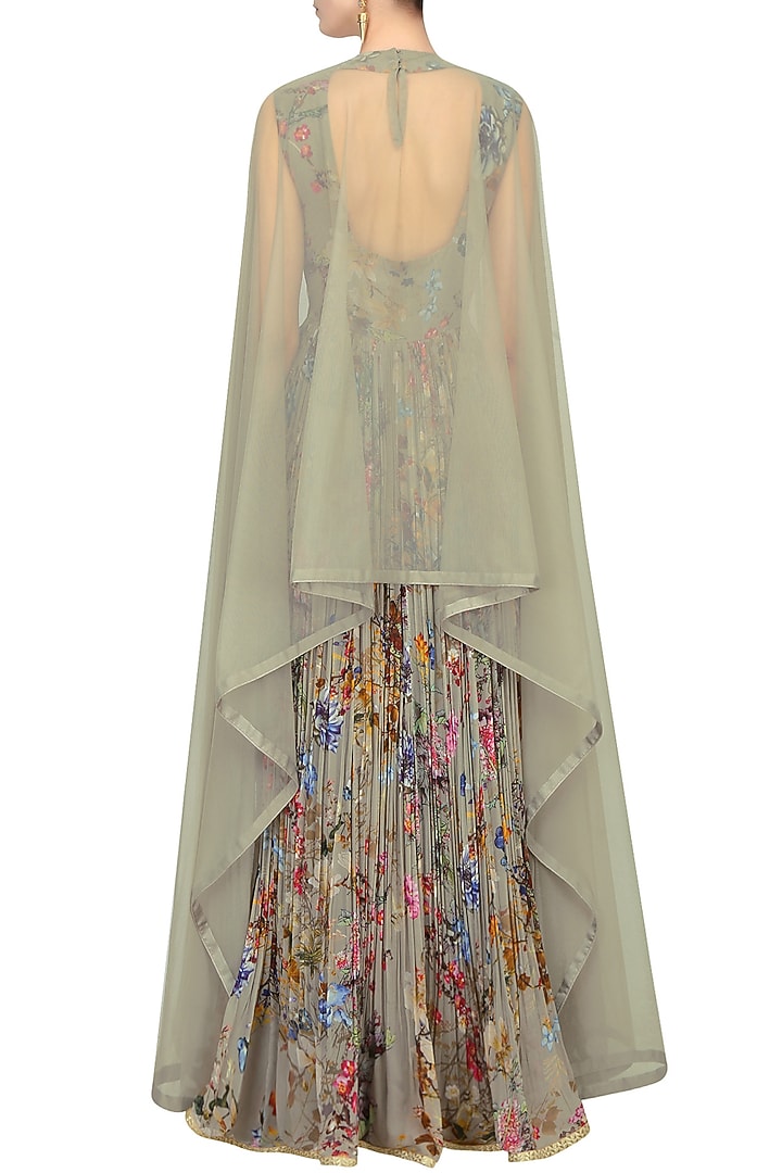 Ash grey printed anarkali set with attached mirror work sheer cape available only at Pernia's Pop Up Shop.