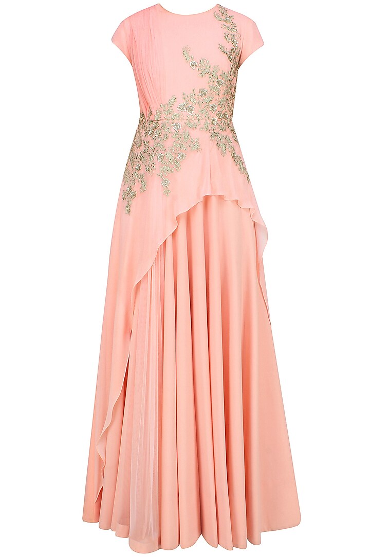Light pink silver thread embroidered drape style anarkali set available only at Pernia's Pop Up Shop.