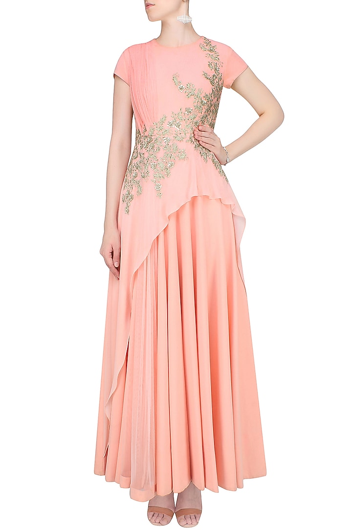 Light pink silver thread embroidered drape style anarkali set available only at Pernia's Pop Up Shop.