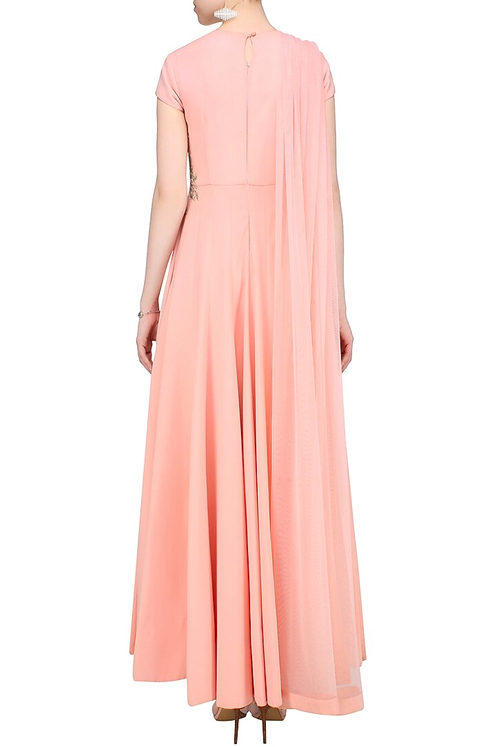 Light pink silver thread embroidered drape style anarkali set available only at Pernia's Pop Up Shop.