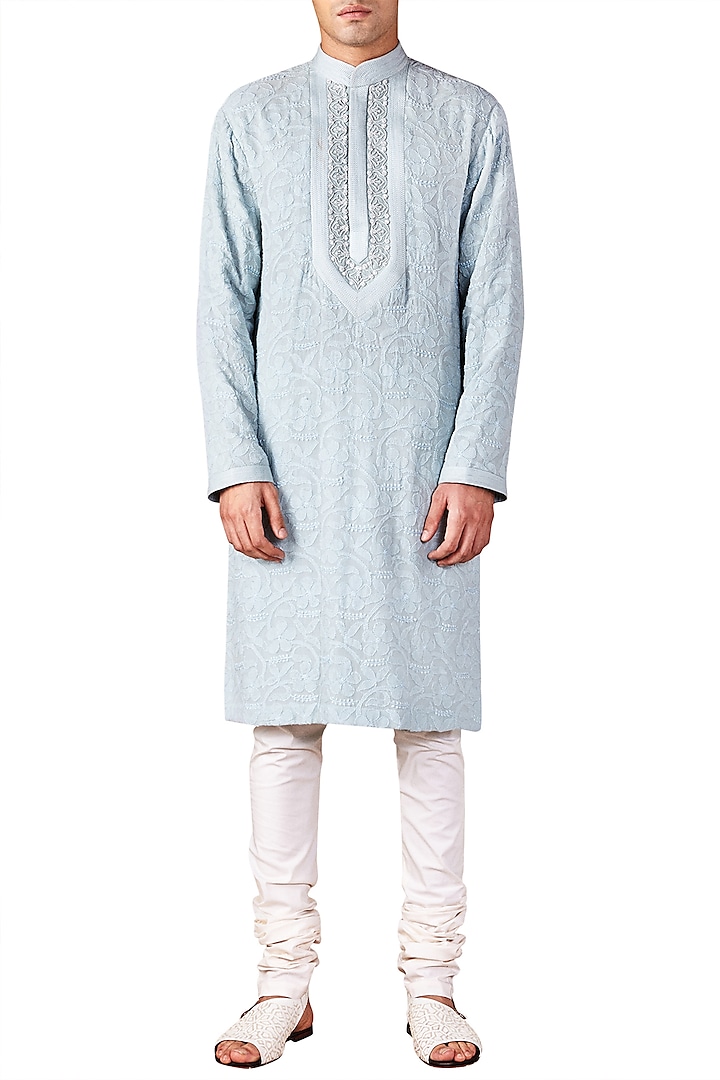 Ice Blue Lucknawi Embroidered Kurta by Ridhi Mehra Men