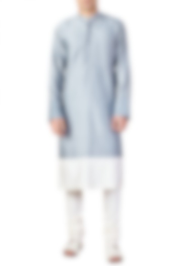 Sky Blue and Ivory Color Block Kurta by Ridhi Mehra Men