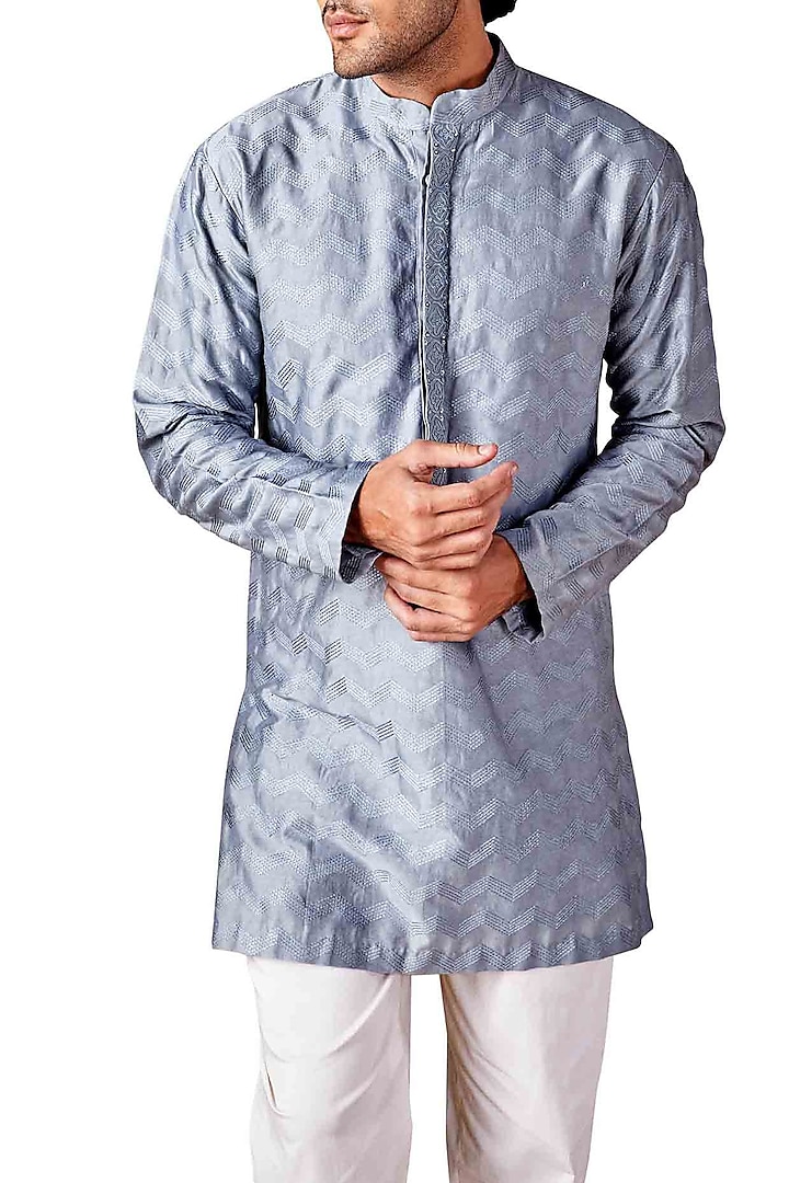 Pale Blue Chevron Embroidered Kurta by Ridhi Mehra Men