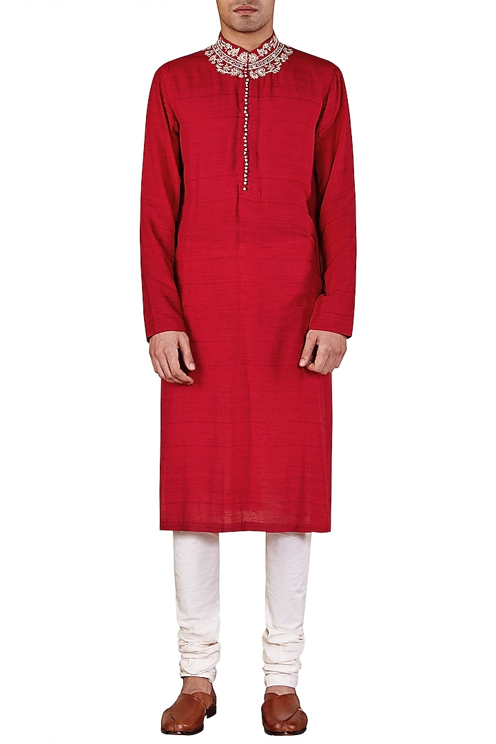 Red Long Embroidered Kurta by Ridhi Mehra Men