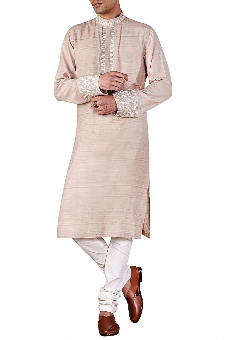 Champagne Gold Long Embroidered Kurta by Ridhi Mehra Men