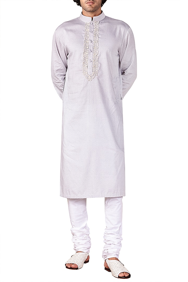 Light Grey Embroidered Short Kurta by Ridhi Mehra Men