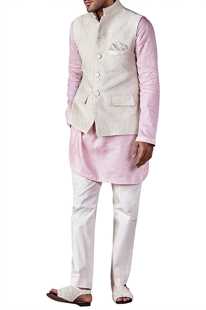 Ivory Hand Embroidered Short Bandhgala Jacket by Ridhi Mehra Men