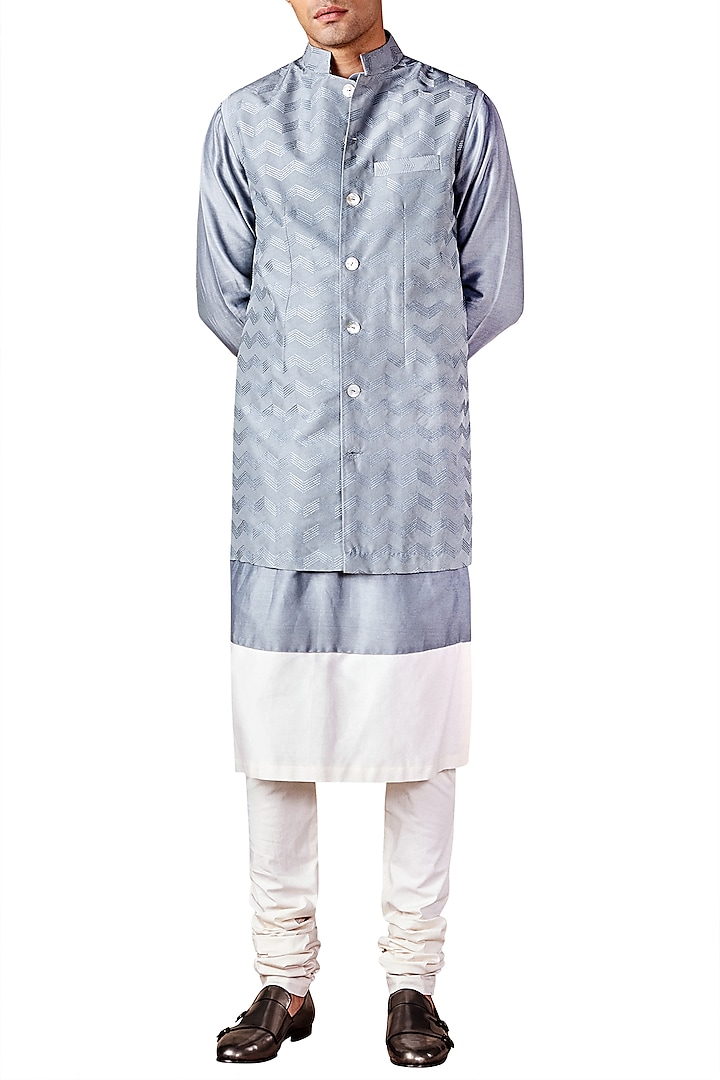 Pale Blue Chevron Embroidered Bandhgala Jacket by Ridhi Mehra Men