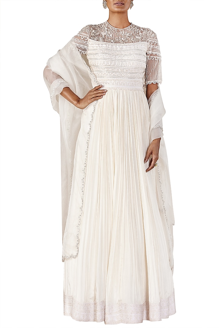 Ivory Embroidered Anarkali Gown by Ridhi Mehra