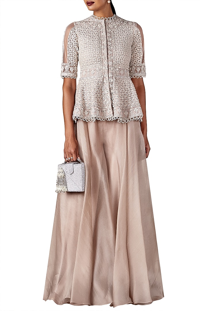 Champagne gold peplum jacket with sharara pants available only at Pernia's Pop Up Shop.