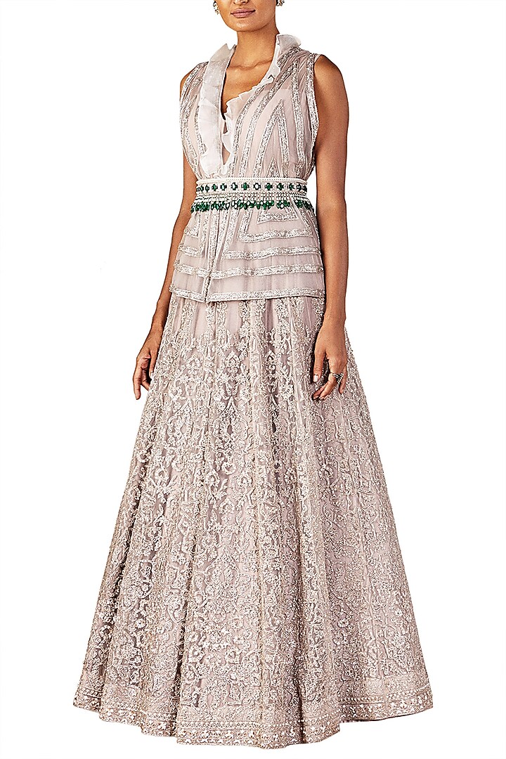 Champagne Gold Embellished Gown with Belt by Ridhi Mehra