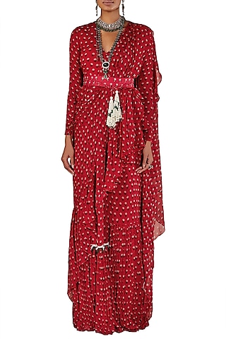 Deep Red Ruffle Saree with Peplum Top and Belt by Ridhi Mehra