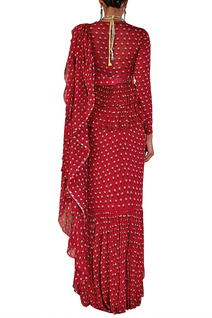 Deep red ruffle saree with peplum top and belt available only at Pernia's Pop Up Shop.