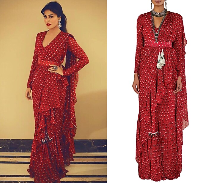 Deep red ruffle saree with peplum top and belt available only at Pernia's Pop Up Shop.