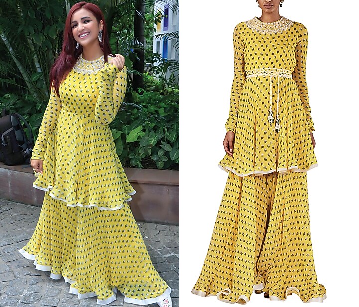Yellow printed tunic with palazzo pants and dupatta available only at Pernia's Pop Up Shop.