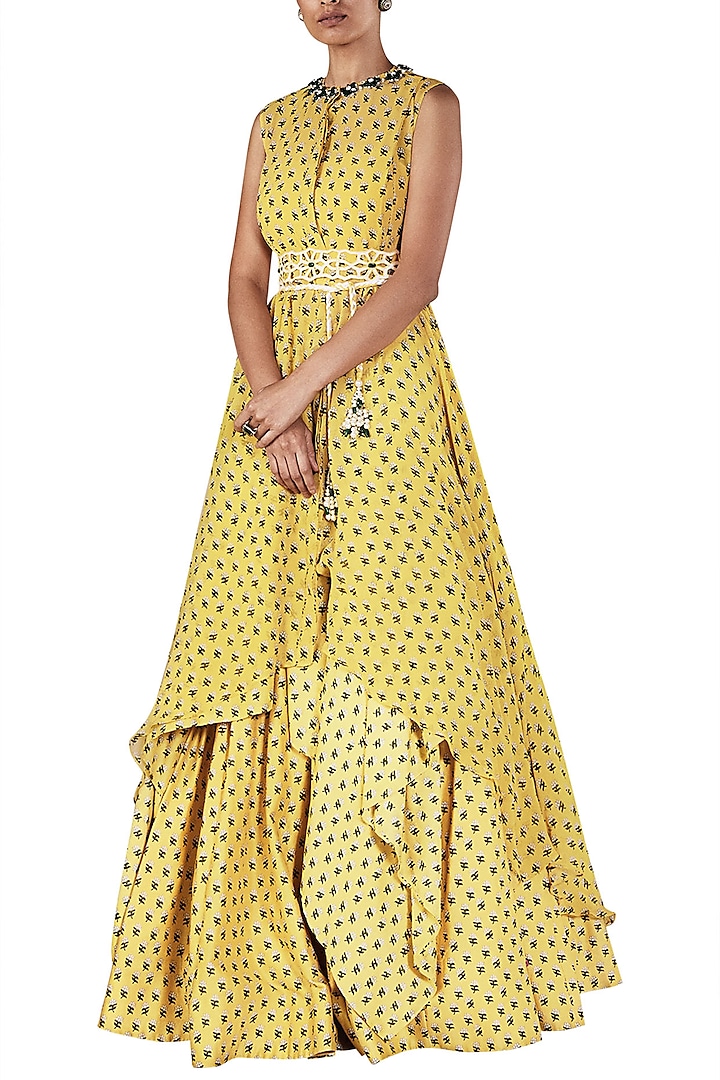 Yellow Asymmetrical Top with Draped Skirt by Ridhi Mehra