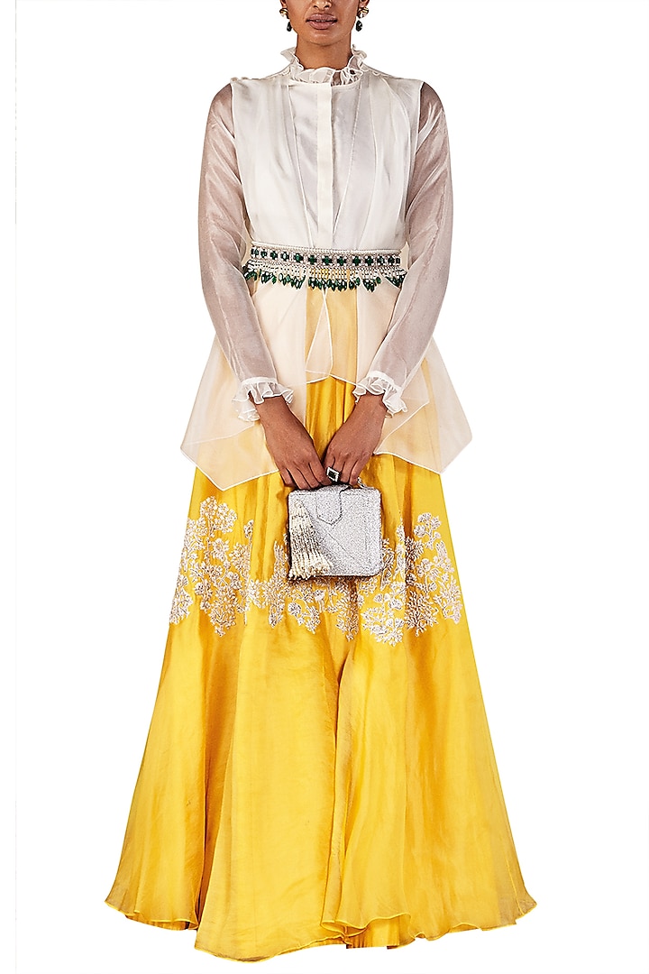 Ivory Draped Shirt with Skirt and Belt by Ridhi Mehra