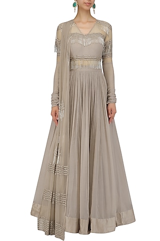 Champagne Gold Tasseled Anarakali with Attached Dupatta by Ridhi Mehra