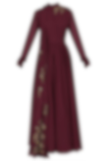 Maroon Floral Embroidered Drape Jumpsuit by Ridhi Mehra