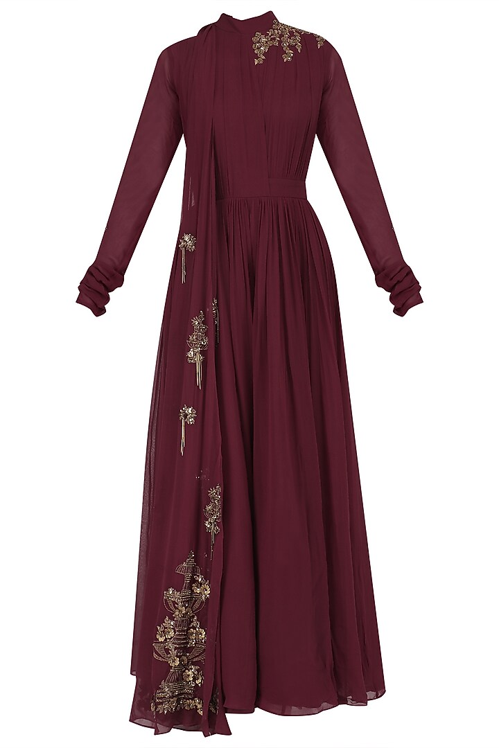 Maroon floral embroidered drape jumpsuit available only at Pernia's Pop Up Shop.