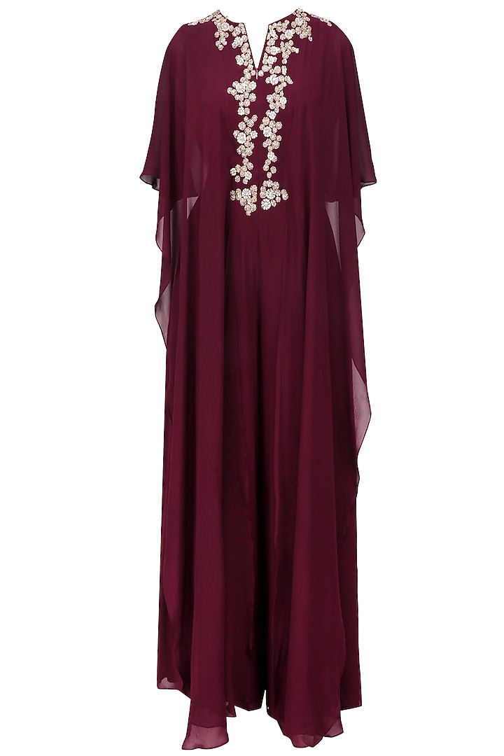 Wine floral embroidered reversible cape jumpsuit available only at Pernia's Pop Up Shop.