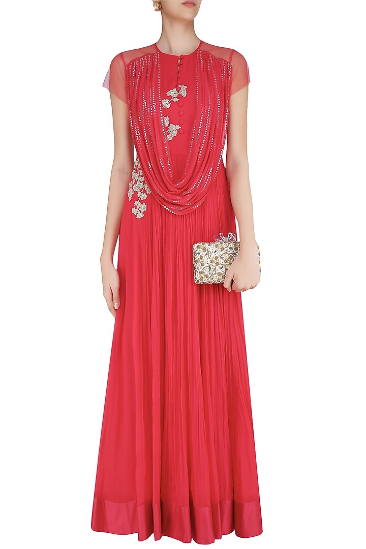 Valentino pink floral embroidered drape anarkali set available only at Pernia's Pop Up Shop.