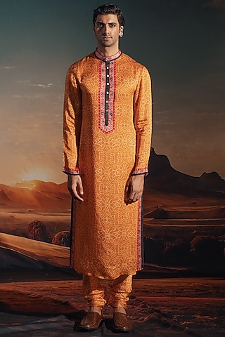 Marigold Yellow Satin Printed Kurta Set by Rajdeep Ranawat Men