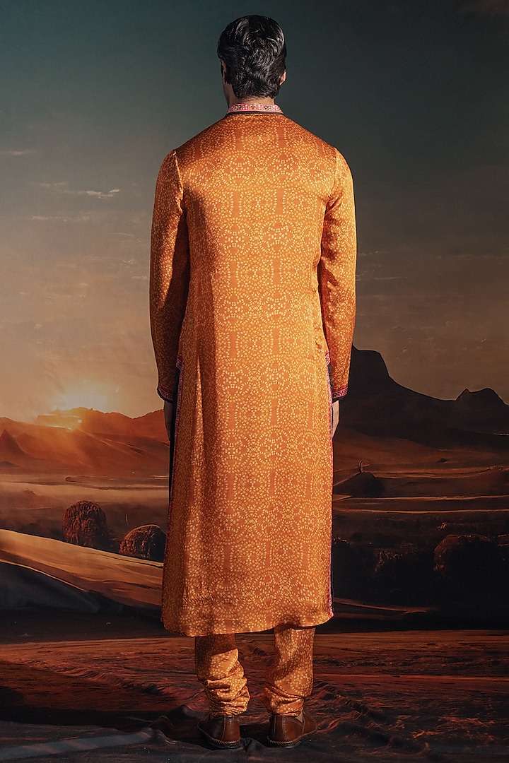 Marigold Yellow Satin Printed Kurta Set by Rajdeep Ranawat Men at Pernia's Pop Up Shop