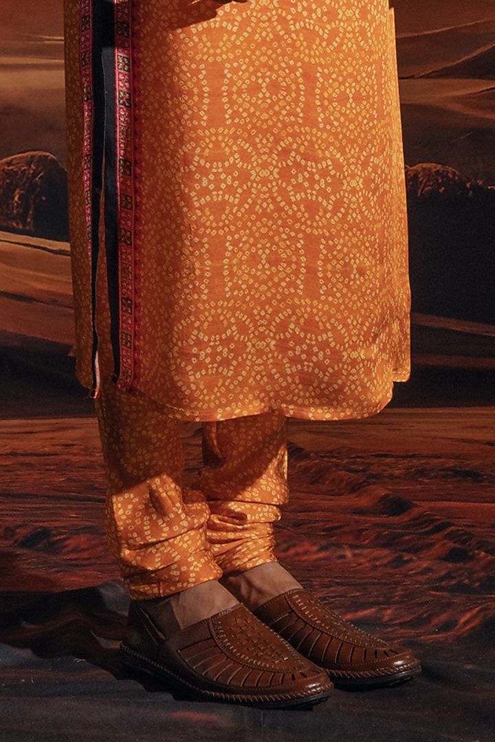 Marigold Yellow Satin Printed Kurta Set by Rajdeep Ranawat Men at Pernia's Pop Up Shop