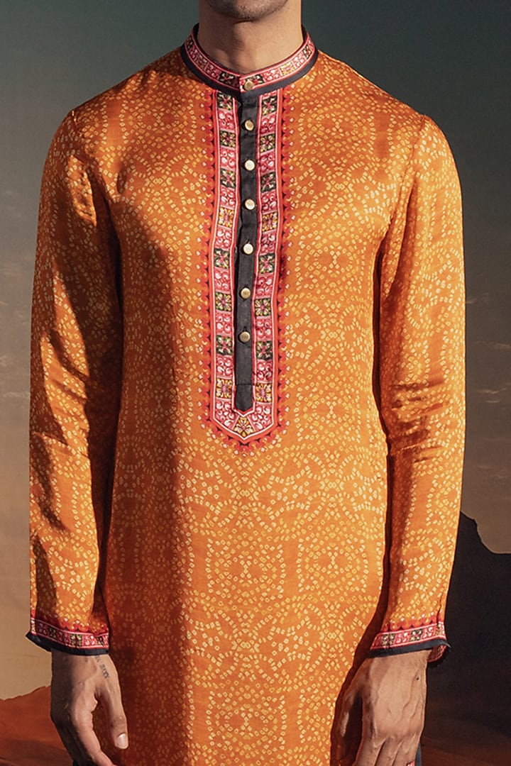 Marigold Yellow Satin Printed Kurta Set by Rajdeep Ranawat Men at Pernia's Pop Up Shop