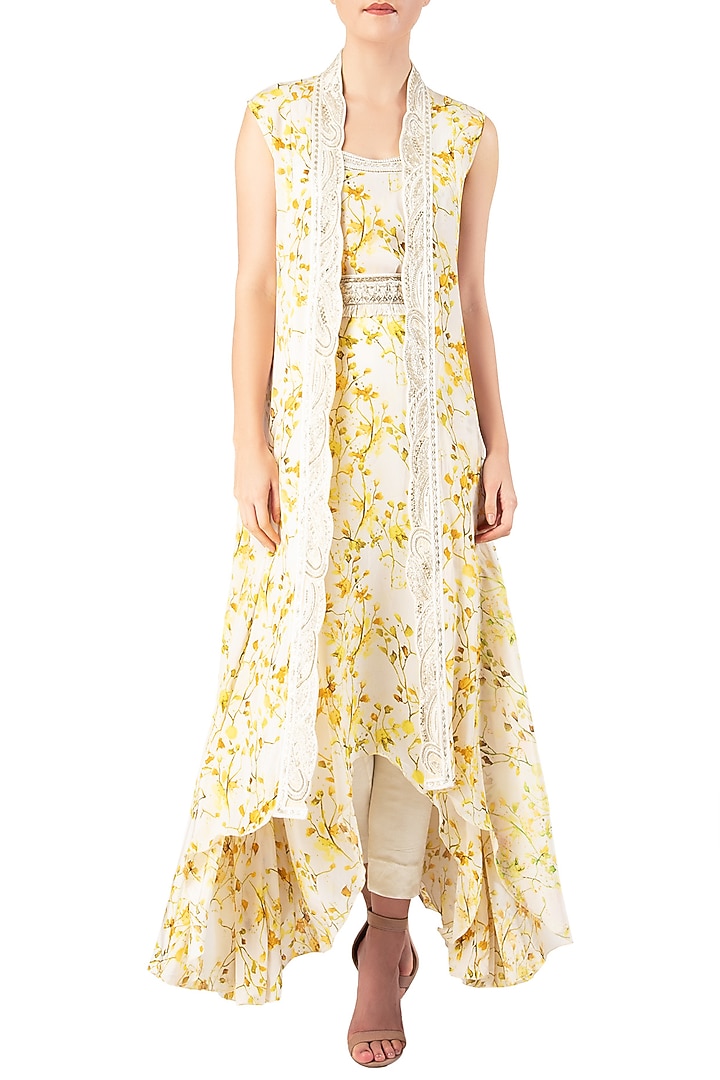 Yellow embroidered kurta with overlay cape set available only at Pernia's Pop Up Shop.