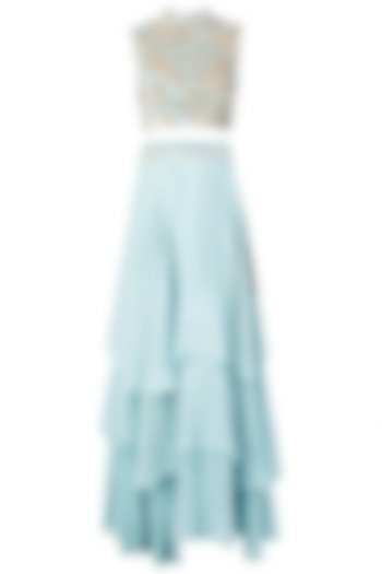 Blue Embroidered Crop Top with Layered Skirt by Ritika Mirchandani