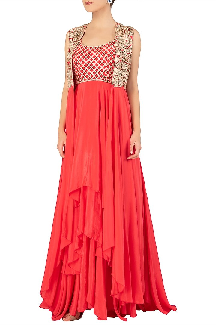 Coral embroidered anarkali with overlay cape available only at Pernia's Pop Up Shop.