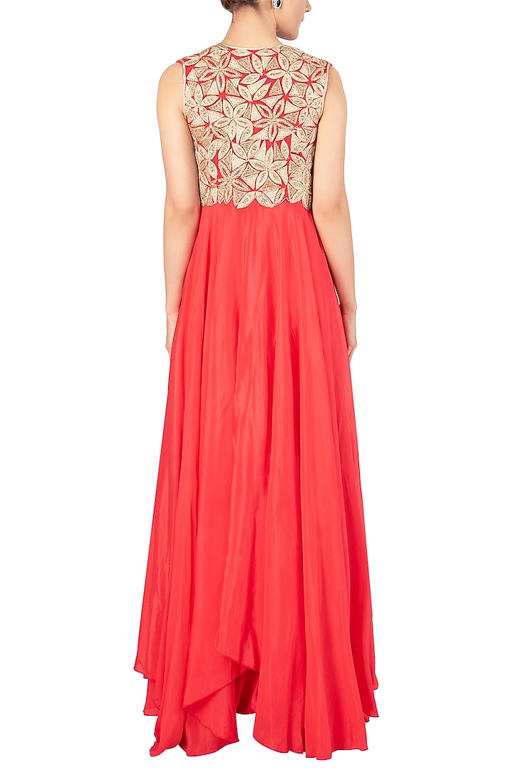 Coral embroidered anarkali with overlay cape available only at Pernia's Pop Up Shop.