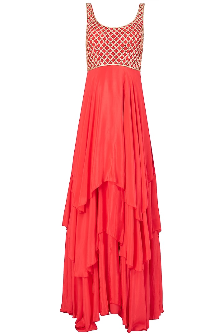 Coral embroidered anarkali with overlay cape available only at Pernia's Pop Up Shop.