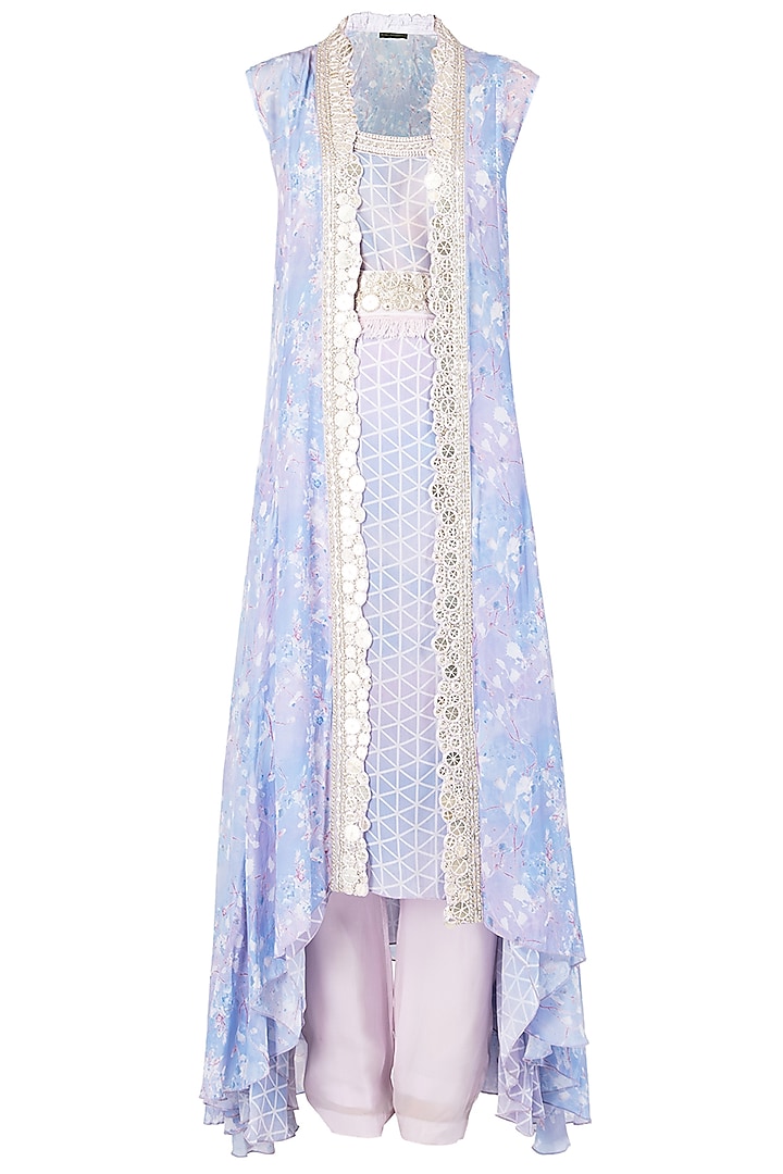 Lavender Asymmetrical Embroidered Tunic with Overlay Cape Set by Ritika Mirchandani