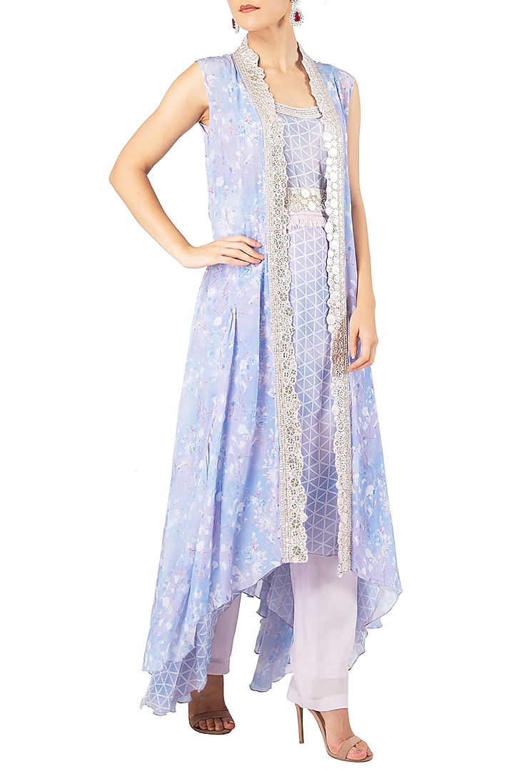 Lavender asymmetrical embroidered tunic with overlay cape set available only at Pernia's Pop Up Shop.