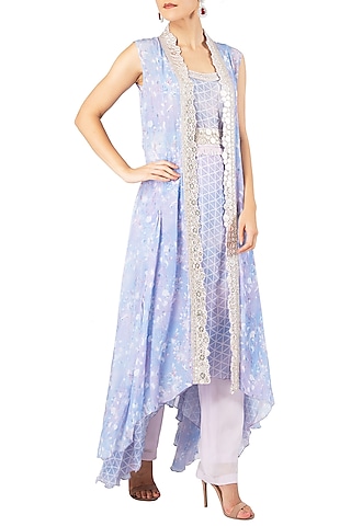 Lavender Asymmetrical Embroidered Tunic with Overlay Cape Set by Ritika Mirchandani