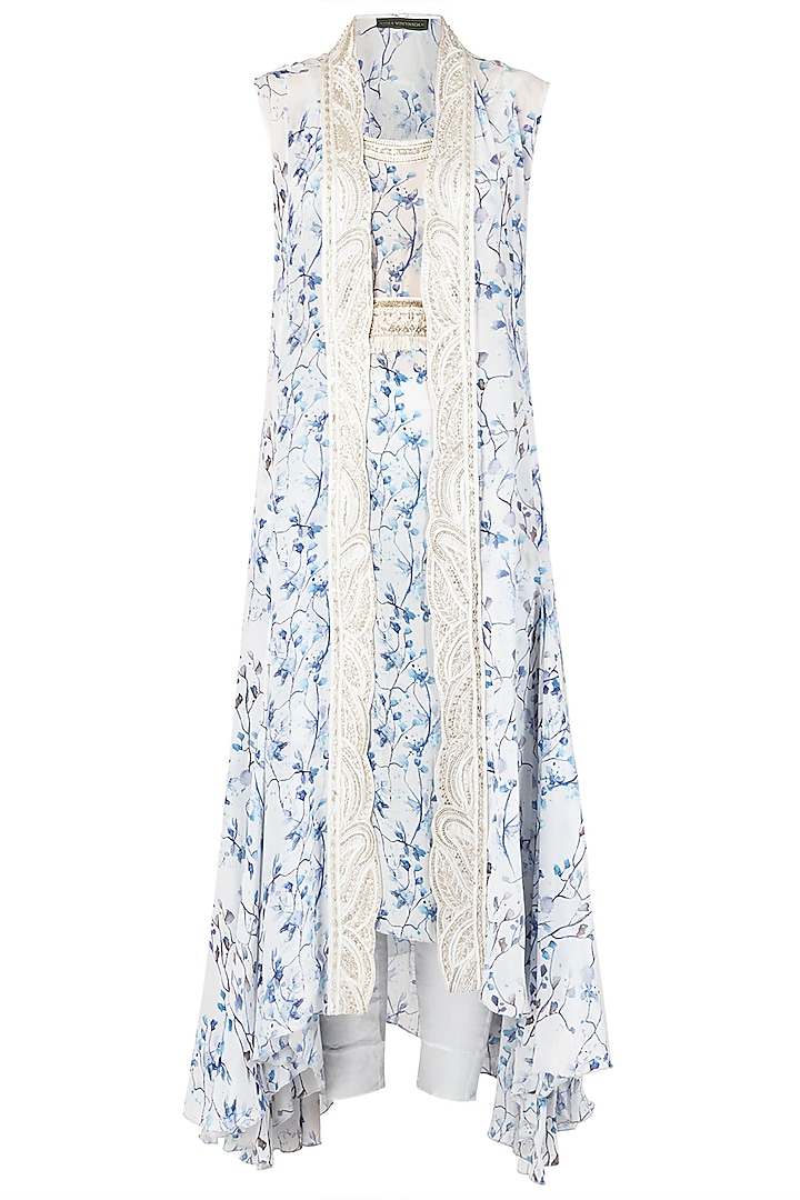 Blue and White Asymmetrical Embroidered Tunic with Overlay Cape Set by Ritika Mirchandani